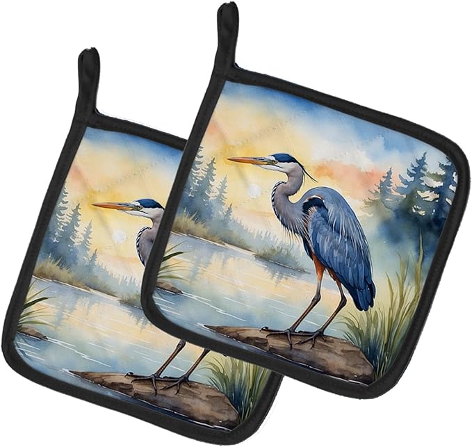 Caroline's Treasures Blue Heron Emerging as The Day Fades Pair of Pot Holders Kitchen Heat Resistant Pot Holders Sets Oven Hot Pads for Cooking Baking BBQ, 7 1/2 x 7 1/2