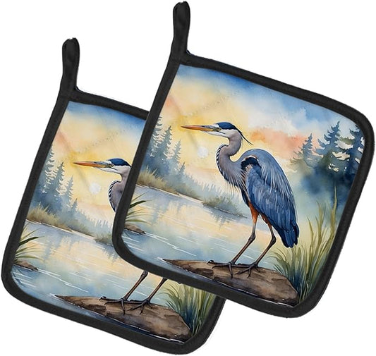 Caroline's Treasures Blue Heron Emerging as The Day Fades Pair of Pot Holders Kitchen Heat Resistant Pot Holders Sets Oven Hot Pads for Cooking Baking BBQ, 7 1/2 x 7 1/2