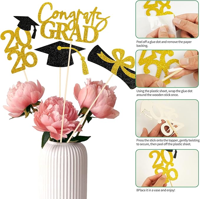 Graduation Decorations 2026, 16 PCS Gold and Black Double Sided Graduation Centerpieces Stick Glitter for Tables, Table Toppers Set for Class of 2026 Congrats Grad Party Supplies (Black)