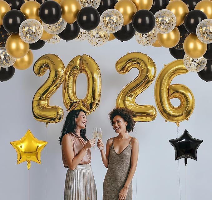 New Years Eve Party Supplies 2026 Kit - Pack of 153, Huge Gold 2026 Balloons,Happy New Year Banner,Black and Gold Hanging Swirls, Gold Fringe Backdrop for NYE Decorations 2026