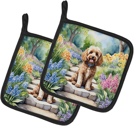 Caroline's Treasures Cockapoo Spring Path Pair of Pot Holders Kitchen Heat Resistant Pot Holders Sets Oven Hot Pads for Cooking Baking BBQ, 7 1/2 x 7 1/2