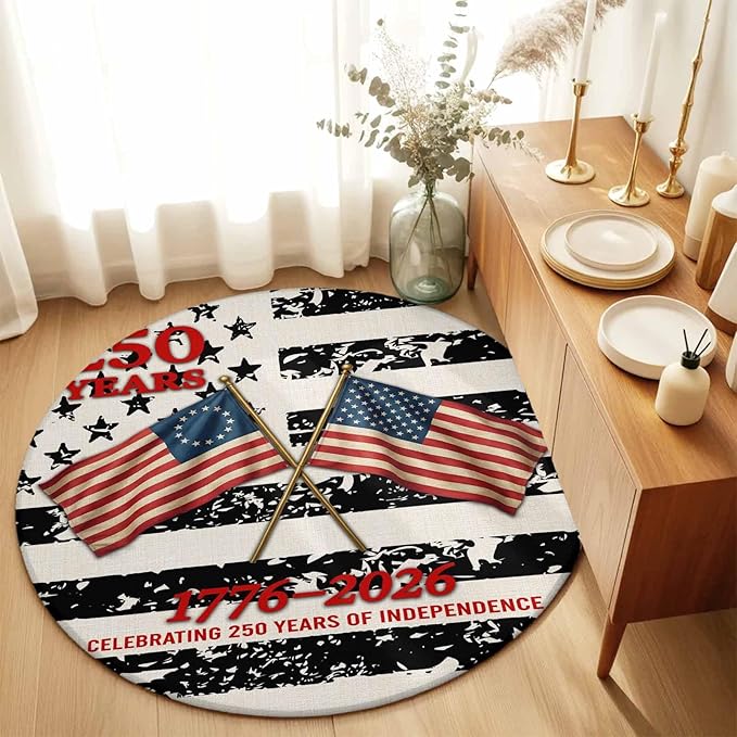 Washable Round Area Rug Independence Day 250th Anniversary Circle Rugs Floor Carpet for Living Room Bedroom, Retro USA Flags Soft Non Slip Round Rug 5ft