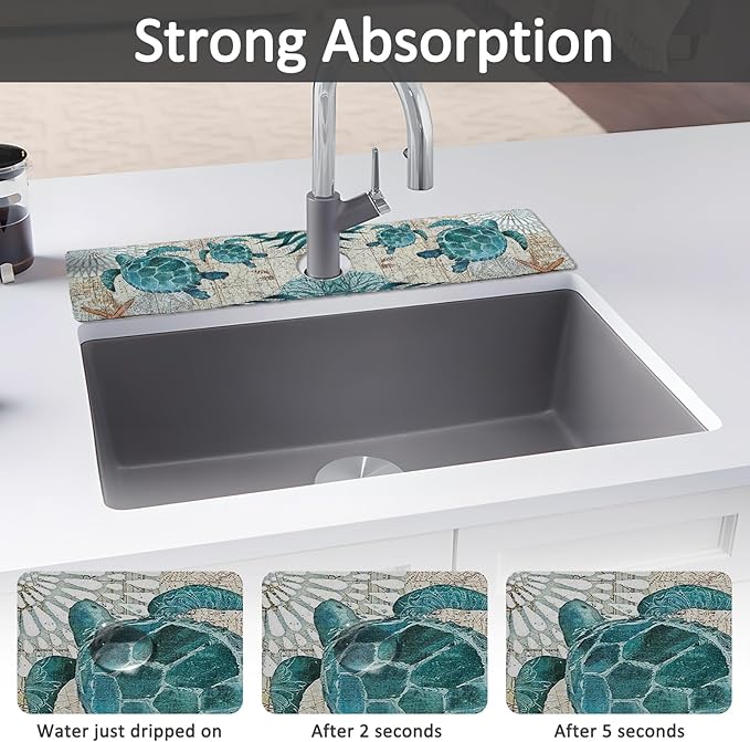 2PCS 24" X 5.5" Kitchen Sink Splash Guard Faucet Mat Sea Turtles Super Absorbent Fast Drying Faucet Guard & Draining Mat Sink Splash Guard Behind Faucet for Kitchen, Bathroom