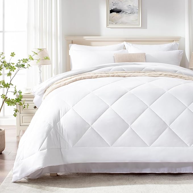 Love's cabin King Size Comforter Set White, 7 Pieces King Bed in a Bag, All Season Bedding Sets with 1 Comforter, 1 Flat Sheet, 1 Fitted Sheet, 2 Pillowcase and 2 Pillow Sham | Soft, Breathable, Lightweight, Comfortable