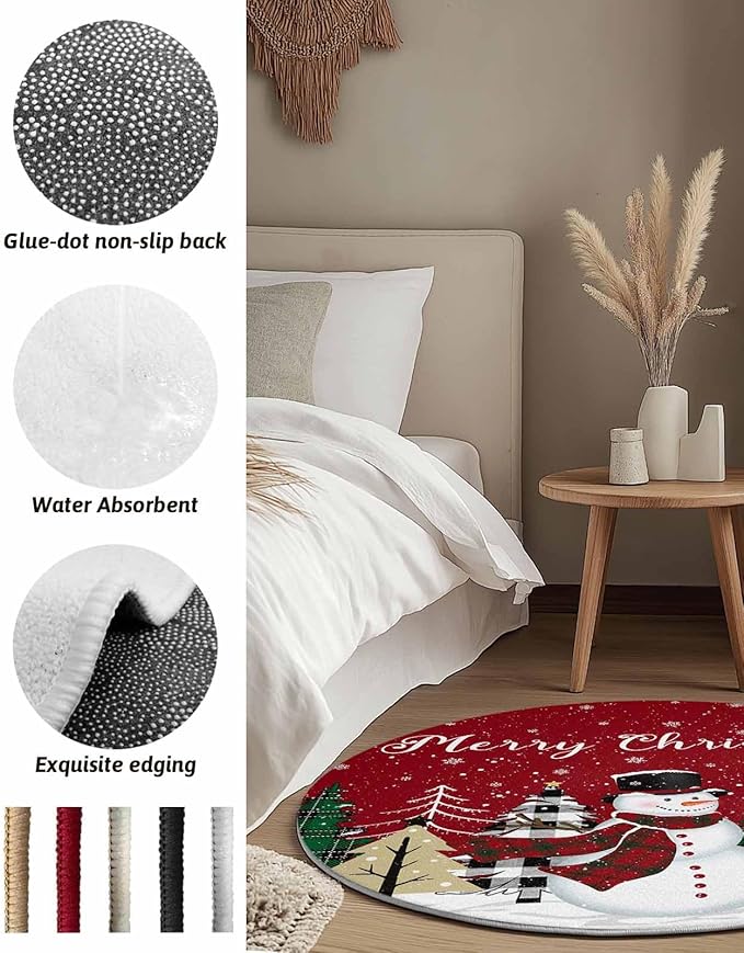 Round Area Rug,Christmas Snowman Green Pine Tree Circle Living Room Rug Non-Slip Rugs Indoor Carpet,Winter Snowflakes on Red Soft Comfort Rugs for Bedroom KidsRoom Nursery