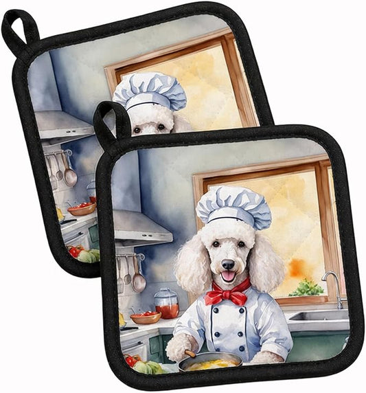 Caroline's Treasures White Poodle The Chef Pair of Pot Holders Kitchen Heat Resistant Pot Holders Sets Oven Hot Pads for Cooking Baking BBQ, 7 1/2 x 7 1/2