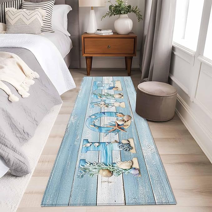 Runner Rug for Bedroom Hallway, Summer Ocean Beach Shell Home Quote Kitchen Runner Rugs Area Rug 2x6ft, Farm Blue Wood Board Washable Soft Floor Carpet for Entryway Stair
