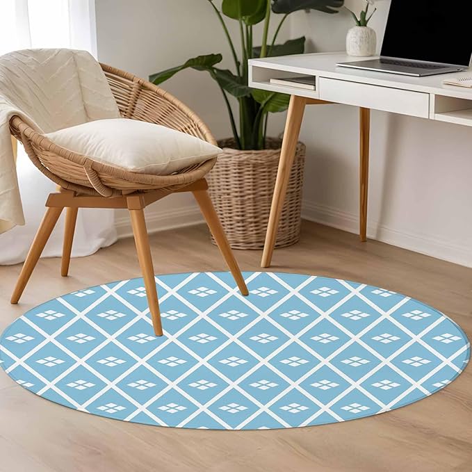 Washable Round Area Rug Boho Blue White Plaid Line Circle Rugs Floor Carpet for Living Room Bedroom, Abstract Geometric Diamond Soft Non Slip Round Rug 3ft