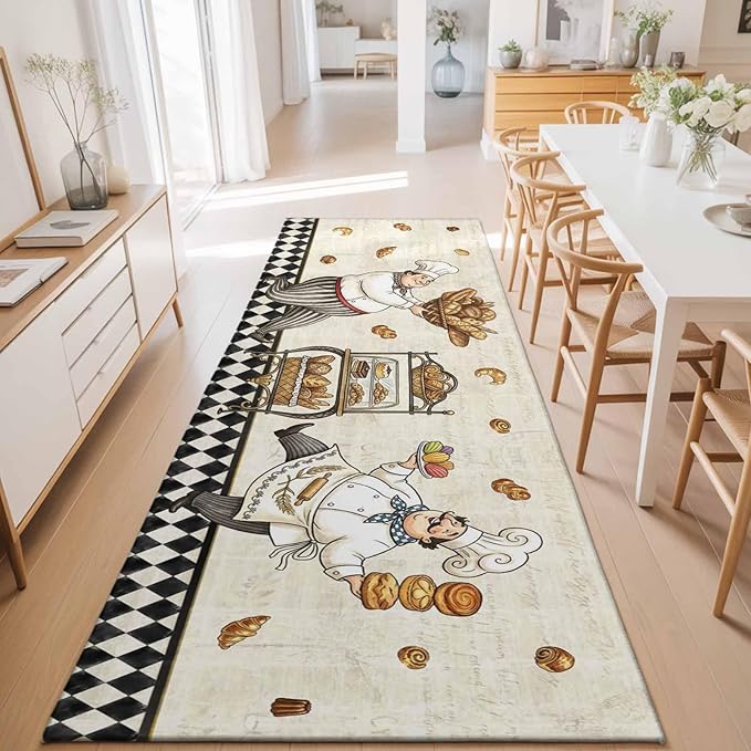 Runner Rug for Bedroom Hallway, Farmhouse Kitchen Baker Bread Kitchen Runner Rugs Area Rug 2x6ft, Vintage Black Plaid Washable Soft Floor Carpet for Entryway Stair