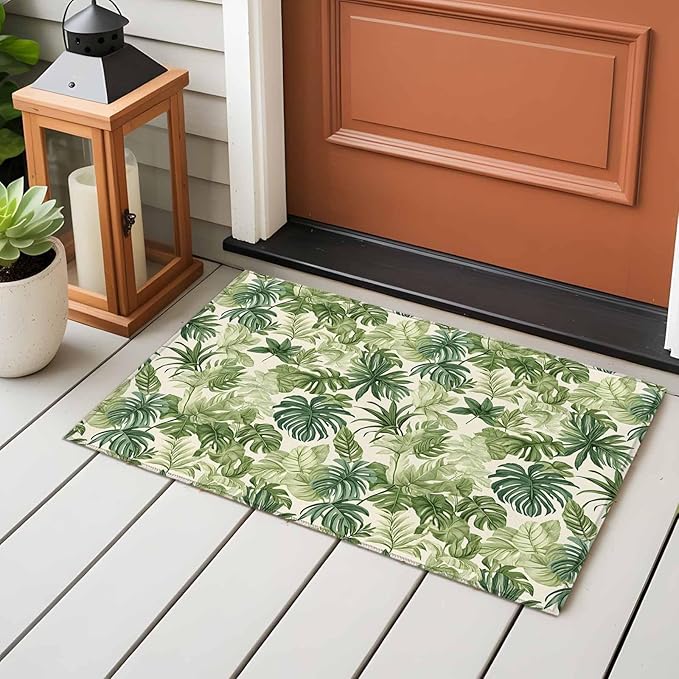 Area Rug 2x3ft, Green Palm Leaf Watercolor Washable Rugs for Living Room Bedroom, Summer Tropical Leaves Soft Non-Slip Area Rugs Rectangle Floor Carpet for Dining Room