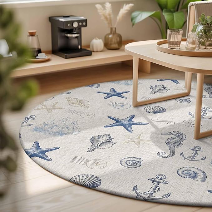 Washable Round Area Rug Coastal Seahorse Starfish Shell Conch Circle Rugs Floor Carpet for Living Room Bedroom, Vintage Nautical Anchor Soft Non Slip Round Rug 3ft