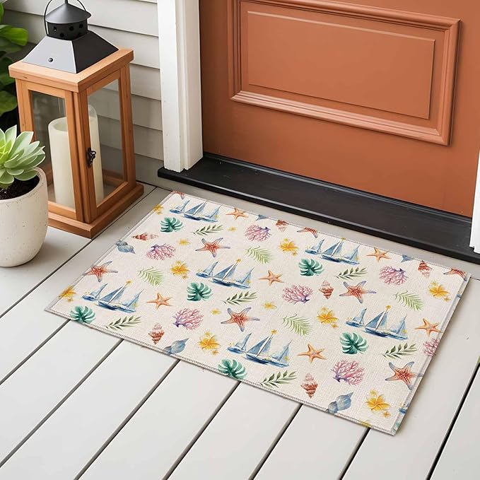 Area Rug 2x3ft, Summer Sea Starfish Sailboat Washable Rugs for Living Room Bedroom, Marine Life Coral on Linen Soft Non-Slip Area Rugs Rectangle Floor Carpet for Dining Room