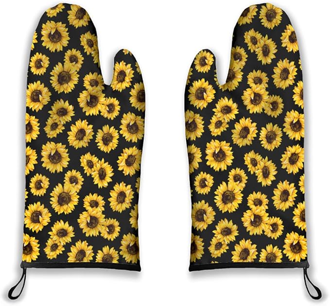 Oven Mitts Sunflower Heat Resistant Wear-resistant Easy Clean Grill Gloves with Thick Cotton Liner for Grilling Cooking Baking 2PCS