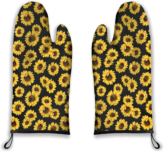 Oven Mitts Sunflower Heat Resistant Wear-resistant Easy Clean Grill Gloves with Thick Cotton Liner for Grilling Cooking Baking 2PCS