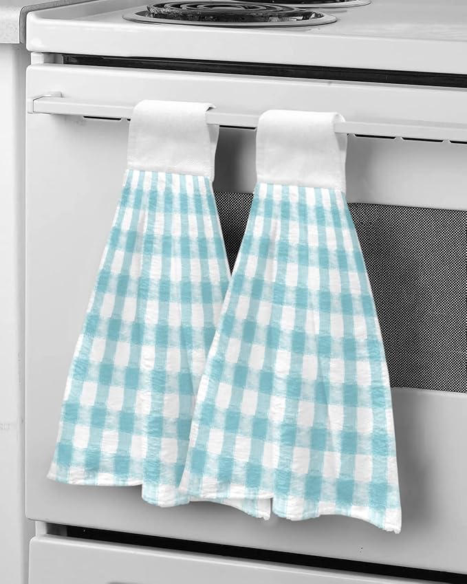 Alandar Home Kitchen Tie Towel Set of 2, Country Farm Buffalo Plaid Grid Absorbent Soft Hand Towels for Bathroom Hanging Towels, Watercolor Classic Lattice Fast Drying Cleaning Cloth with Loop