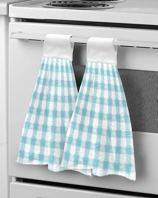 Alandar Home Kitchen Tie Towel Set of 2, Country Farm Buffalo Plaid Grid Absorbent Soft Hand Towels for Bathroom Hanging Towels, Watercolor Classic Lattice Fast Drying Cleaning Cloth with Loop