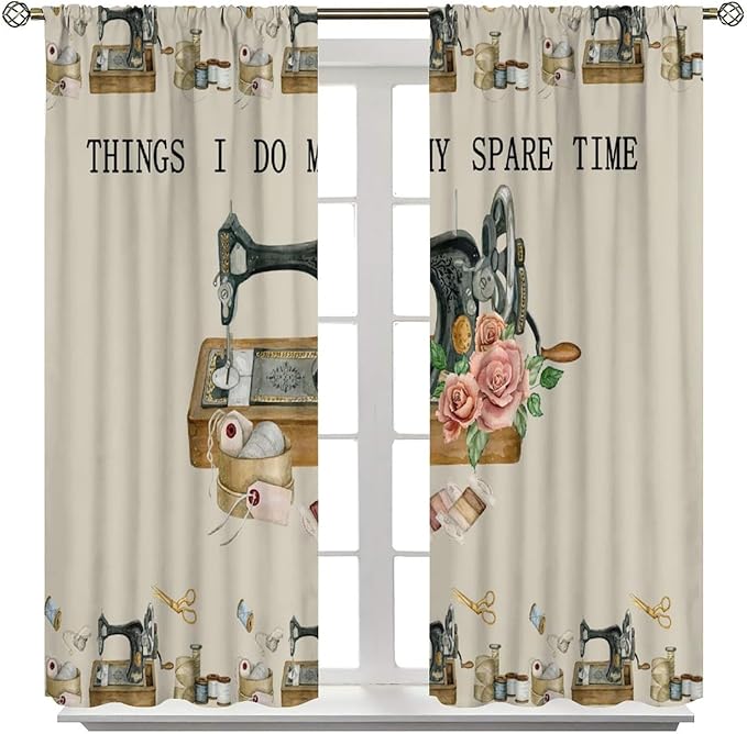 Sewing Theme Curtain,Sewing Machine Rose Flower Pattern Window Treatment Curtains for Bedroom Cafe Dining Room Office Living Room Kitchen Drapes Home Decor, 42x45 in