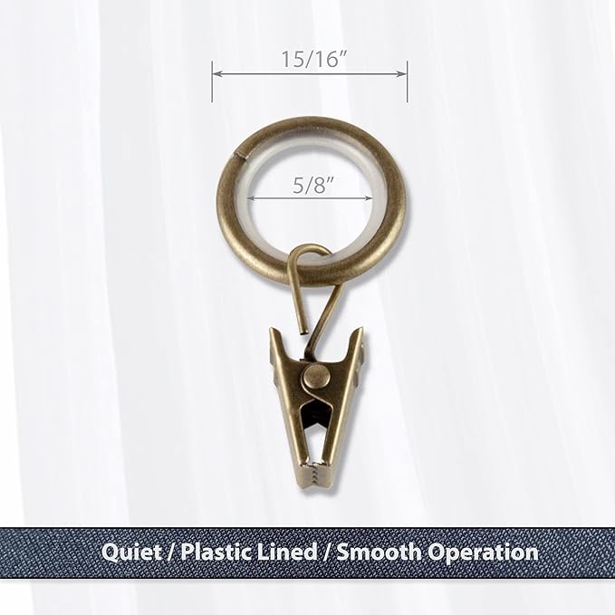 5/8 inch Noise-Canceling Curtain Rings w/Clip (Set of 10) - Antique Brass