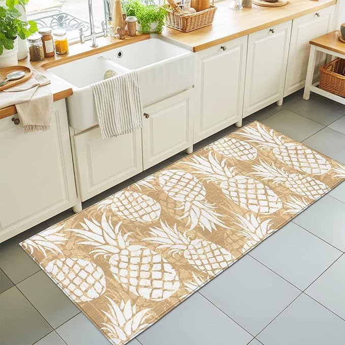 Runner Rug for Bedroom Hallway, Summer Fruit Pineapple Kitchen Runner Rugs Area Rug 2x6ft, Rustic Vintage Tropical Leaves Washable Soft Floor Carpet for Entryway Stair
