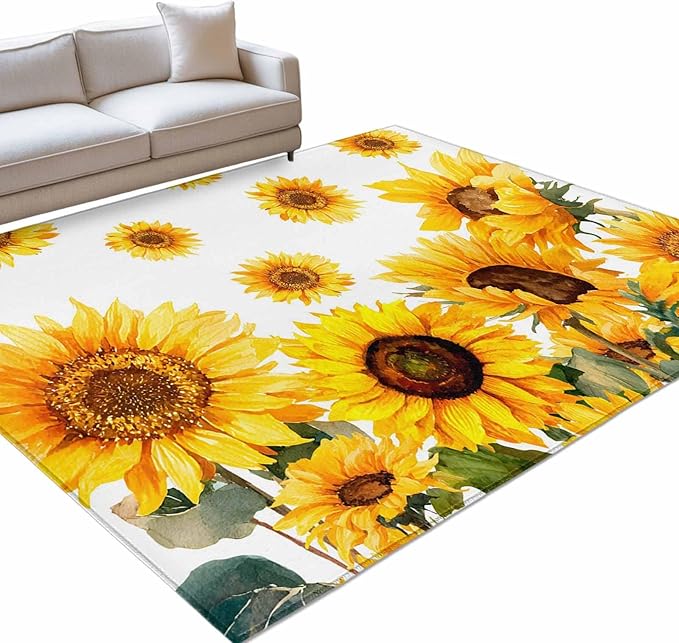 Area Rug 3x5ft, Summer Pastoral Sunflower Washable Rugs for Living Room Bedroom, Farmhouse Yellow Flower Soft Non-Slip Area Rugs Rectangle Floor Carpet for Dining Room
