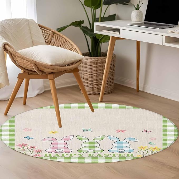 Washable Round Area Rug Happy Easter Bunny Shadow Flowers Circle Rugs Floor Carpet for Living Room Bedroom, Retro Linen Cotton and Grid Soft Non Slip Round Rug 3ft