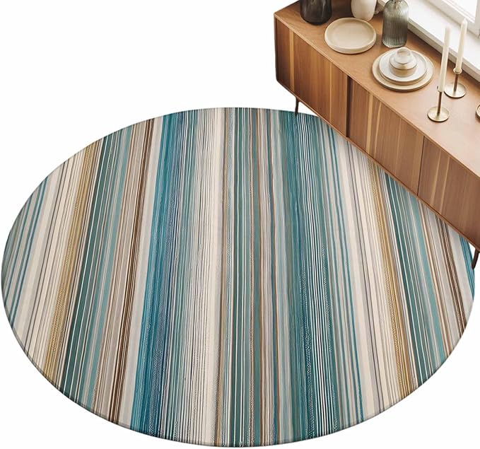 Washable Round Area Rug Minimalist Vertical Stripes Circle Rugs Floor Carpet for Living Room Bedroom, Retro Boho Lines Soft Non Slip Round Rug 5ft