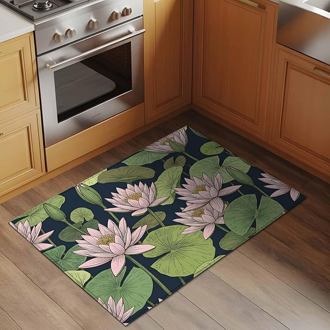 Area Rug 2x3ft, Pink Lotus Water Lily Dark Green Leaves Washable Rugs for Living Room Bedroom, Oriental Style Soft Non-Slip Area Rugs Rectangle Floor Carpet for Dining Room