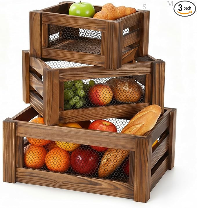 Kathfly Set of 3 Rustic Nesting Crates, Wooden Organizer Boxes Basket, Small Decorative Wood Wire Containers with Handle for Countertop Display, Fruit, Veggies, Kitchen, Bathroom, Pantry Storage