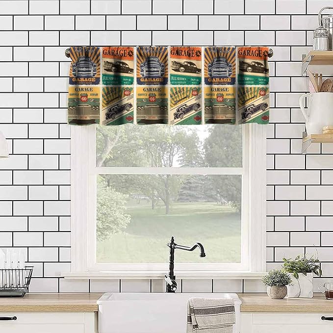 Cars Valance Curtain Vintage Car Stall Retro Garage Repair Shop Rod Pocket Valance Window Treatments Short Curtains for Kitchen Bathroom Farmhouse Living Room Decor 54x18inch