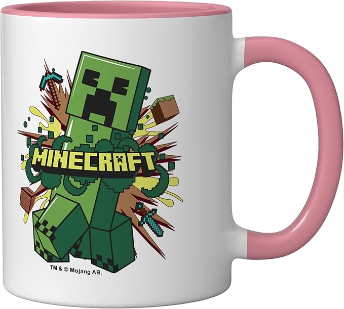Minecraft Creeper Running From Explosion Ceramic Mug, Pink/White