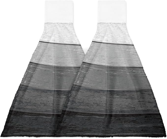 Alandar Home Kitchen Tie Towel Set of 2, Farm Retro Wood Grain Black Gray Absorbent Soft Hand Towels for Bathroom Hanging Towels, Farmhouse Gradient Stripes Fast Drying Cleaning Cloth with Loop