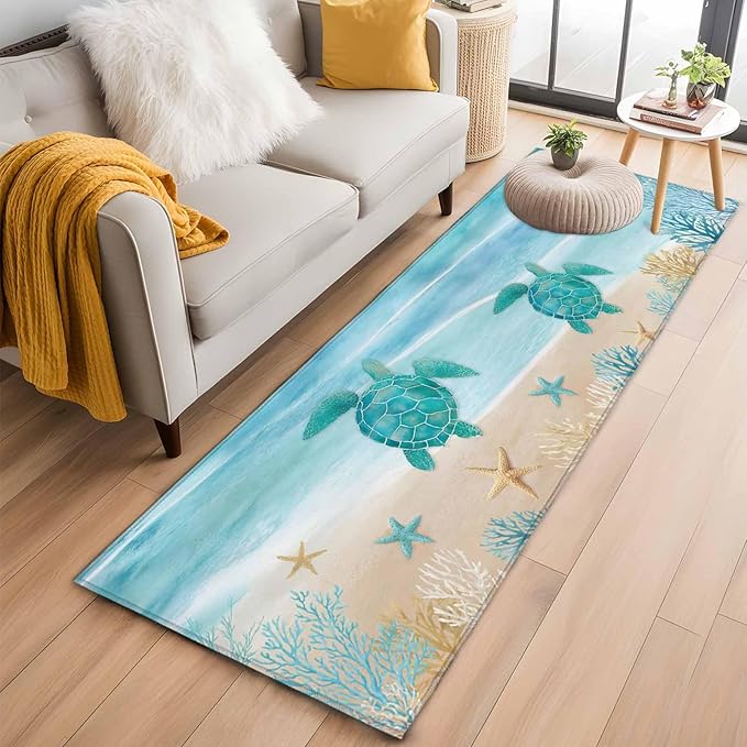 Runner Rug for Bedroom Hallway, Sea Turtle Starfish Coral Kitchen Runner Rugs Area Rug 2x6ft, Summer Seaside Ocean Life Washable Soft Floor Carpet for Entryway Stair