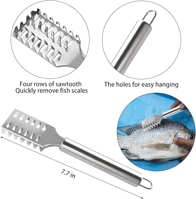 Openfly Fish Scaler Tool, Stainless Steel Fish Scaler Remover Fish Scraper Scaler with Sawtooth, Fish Skin Graters Fish Tweezers Fish Descaler Tool for Cleaning Fish