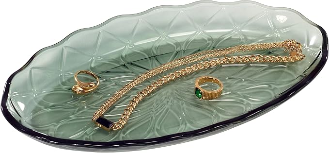 Nicole Miller – Vanity Tray, Embossed Glass with Scalloped Edge, Trellis Home Decor – Perfect for Organizing Toiletries, Cosmetics and Bathroom Essentials (Bijou Green)