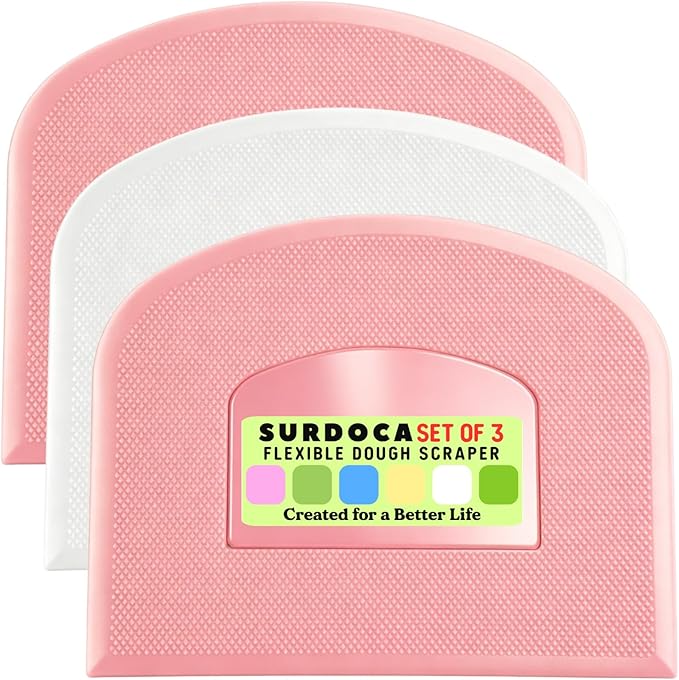 SURDOCA Dough Scraper Bench Scraper - 3P 10.6x6.7" Plastic Flexible Bowl Scraper, Sharp Edge & Angles Cake Scraper. Non-Slip Bakeware Decorating Tools Sculpting & Modeling Tools - Pink+White+Pink