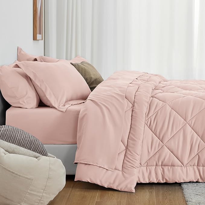 Love's cabin Queen Comforter Set Pink, 7 Pieces Queen Bed in a Bag, All Season Bedding Sets with 1 Comforter, 1 Flat Sheet, 1 Fitted Sheet, 2 Pillowcase and 2 Pillow Sham | Soft, Breathable, Lightweight, Comfortable