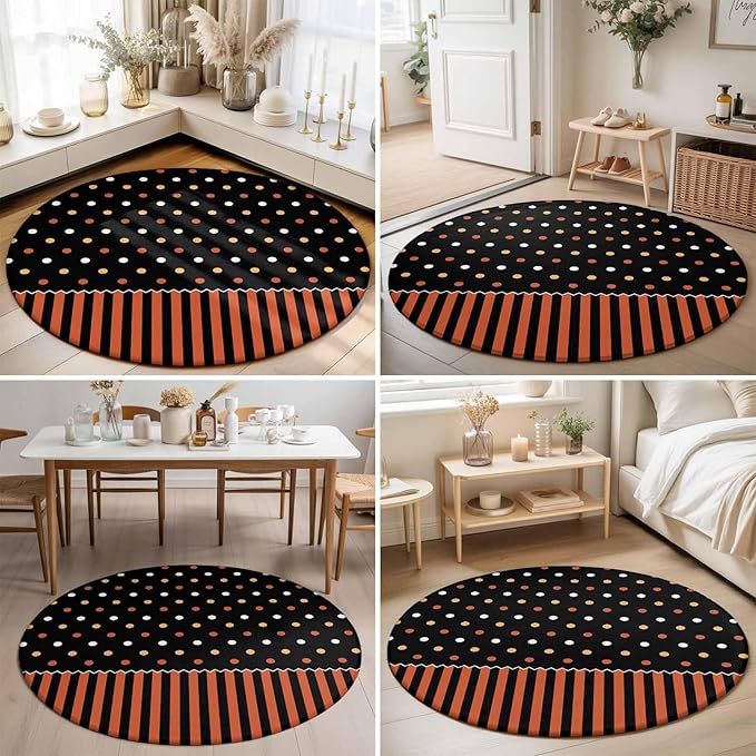 Washable Round Area Rug Halloween Polka Dots Orange Stripes Circle Rugs Floor Carpet for Living Room Bedroom, Seamless Dot on Black Soft Non Slip Round Rug 5ft