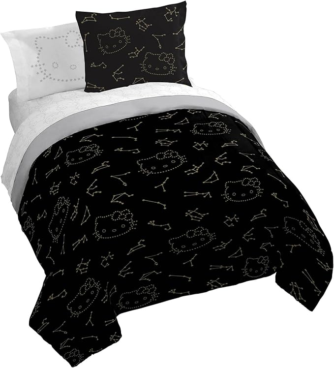Jay Franco Hello Kitty Stars Queen Comforter Set - 7 Piece Bedding Includes Sheet Set & Pillow Covers - Super Soft Zodiac Black & Gold Bedding