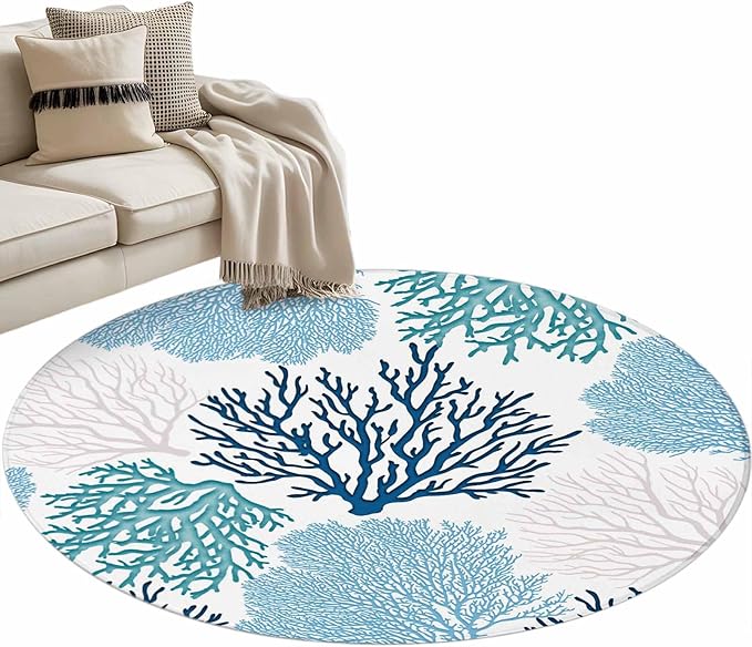Washable Round Area Rug Classic Sea Blue Coral Circle Rugs Floor Carpet for Living Room Bedroom, Abstract Marine Life Scenery Soft Non Slip Round Rug 4ft