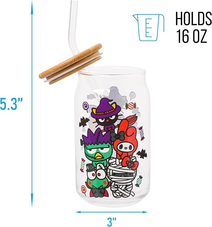Silver Buffalo Sanrio Hello Kitty & Friends Halloween Spooky Badtz-Maru Frankenstein, Chococat Witch, My Melody Ghost, Keroppi Vampire, Mummy Glass Jar Tumbler w Bamboo Lid and Glass Straw, 16oz