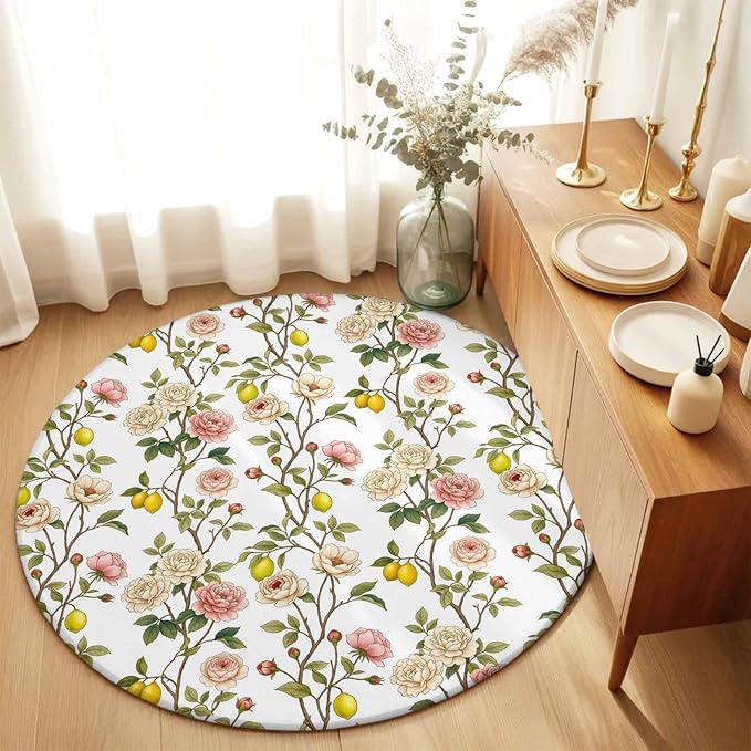 Washable Round Area Rug Country Blossom Flower Plant Circle Rugs Floor Carpet for Living Room Bedroom, Summer Lemon Leaf Seamless Soft Non Slip Round Rug 3ft