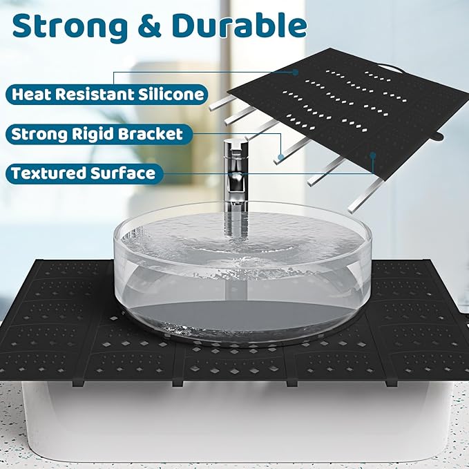 Bathroom Sink Cover for Counter Space, Sink Mat Foldable Sink Cover, Silicone Makeup Organizer Mat Space Saver, Small Bathroom & Rv Camper Travel Must Haves Accessories, Black