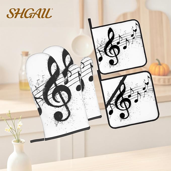 Black White Music Note Oven Mitts & Potholder Set of 4 - Heat Resistant Kitchen Gloves Hot Pads for Baking, Cooking, Gifts for Women