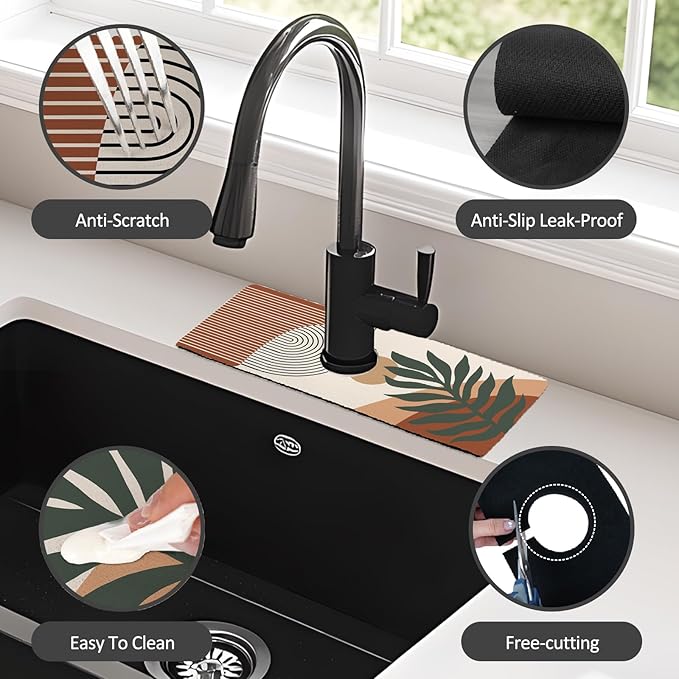 15" X 5.5" Kitchen Sink Splash Guard Faucet Mat Boho Super Absorbent Fast Drying Faucet Guard & Draining Mat Sink Splash Guard Behind Faucet for Kitchen, Bathroom