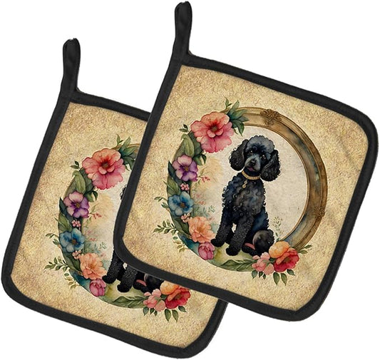 Caroline's Treasures Black Poodle and Flowers Pair of Pot Holders Kitchen Heat Resistant Pot Holders Sets Oven Hot Pads for Cooking Baking BBQ, 7 1/2 x 7 1/2