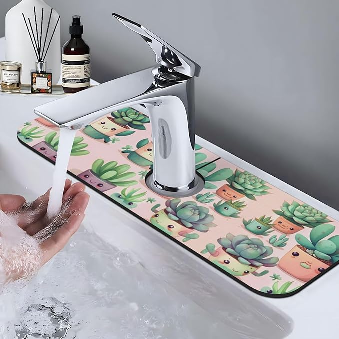 Lovely Succulent Plants Printed Faucet Absorbent mat, Suitable for bathrooms, Kitchens, and Other Sink Areas.