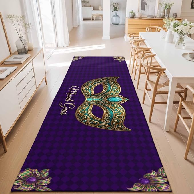 Runner Rug for Bedroom Hallway, Mardi Gras Mask Purple Plaid Kitchen Runner Rugs Area Rug 2x6ft, Abstract Blossom Floral Washable Soft Floor Carpet for Entryway Stair