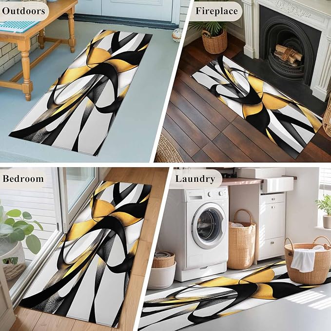 Runner Rug for Bedroom Hallway, Modern Geometric Stripe Texture Kitchen Runner Rugs Area Rug 2x6ft, Abstract Gold Black White Line Washable Soft Floor Carpet for Entryway Stair