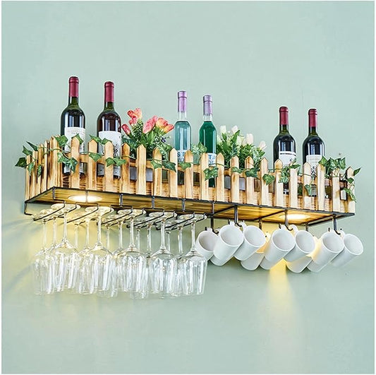 Ceiling Wine Rack Wall Mounted With Wine Glass Rack, 2-Tier Liquor Bar Bottles Display Shelf With LED Light Cups Hanging Holder For Dining Room Kitchen Living Room(Wall Mounted,39.4x9.8x8.27in)