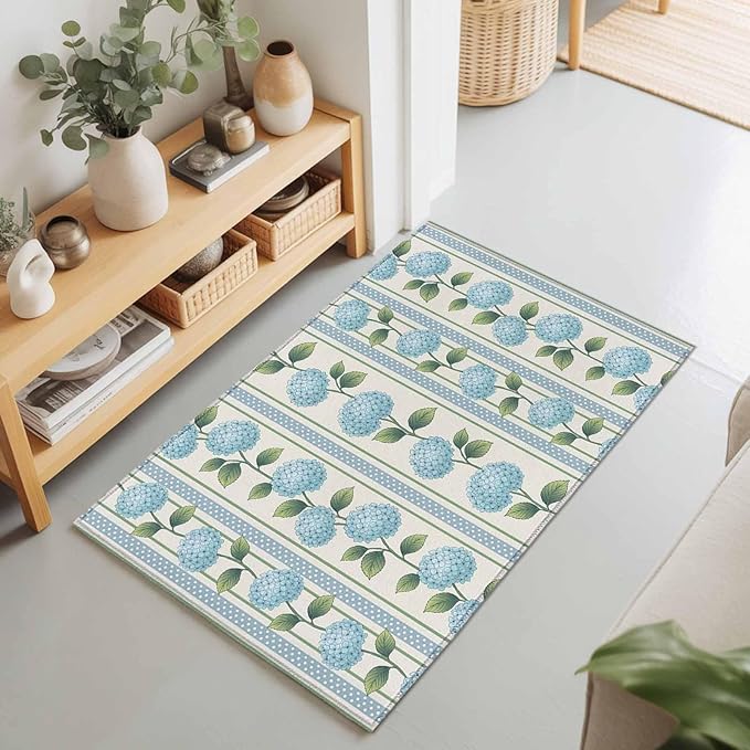 Area Rug 2x3ft, Spring Blue Flower Hydrangea Leaf Washable Rugs for Living Room Bedroom, Floral Stripes on Linen Soft Non-Slip Area Rugs Rectangle Floor Carpet for Dining Room